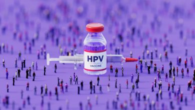 Human crowd surrounding an injectable HPV vaccine bottle on purple background. Horizontal composition with copy space.