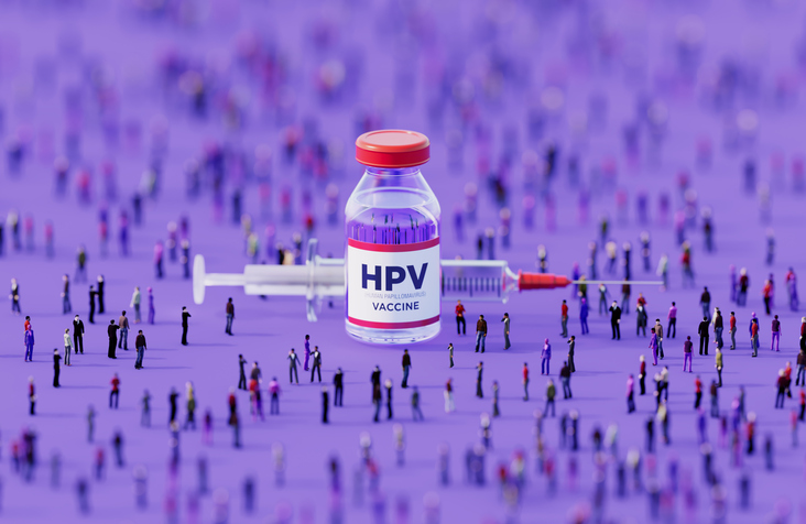 Human crowd surrounding an injectable HPV vaccine bottle on purple background. Horizontal composition with copy space.