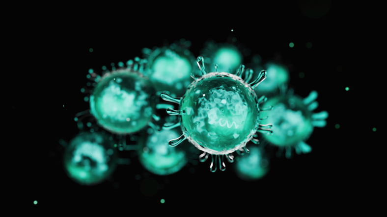 HPAI H5N1 virus - 3d rendered image of highly pathogenic avian influenza. Abstract background. Disease X new pandemic pathogen virus - Virus, pathogen, bacteria, biotechnology, bacterium, biolaboratory, new X disease, brain illness concept. Microscopic SEM (TEM) hologram view. Medical research technology.